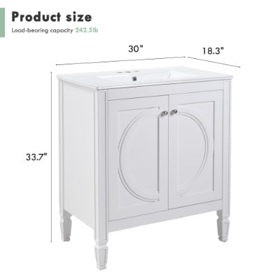30 No Assembly Needed Vintage White Bathroom Vanity With Ceramic Sink,Two Soft Close Doors  Adjustable Shelf,Modern Farmhouse Style