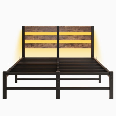 Full Size Metal Bed Frame With Wooden Headboard, RGB Lights, Charger, Storage Shelf, Noise-Free, No Box Spring Needed,Rustic Brown