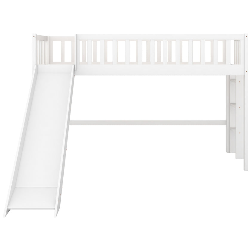 Twin Size Low Loft Bed With Ladder And Slide,White