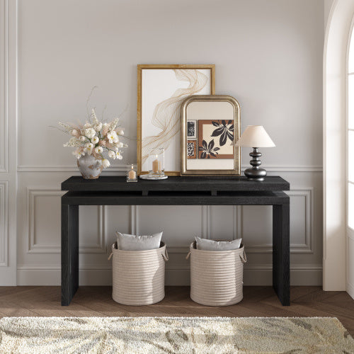 60  Antique Natural Farmhouse Console Table - Retro Wooden Entryway Table With Double Board Suspension Design, Solid Wood & MDF, Sofa Table For Living Room