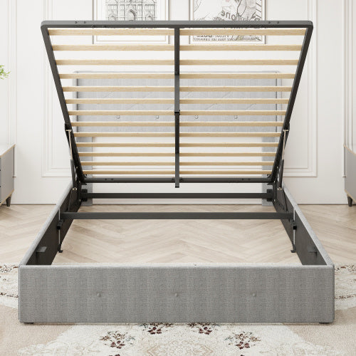 Queen Size Bed Frame With Storage - Lift Up Storage Bed With Modern Wingback Headboard, USB Ports