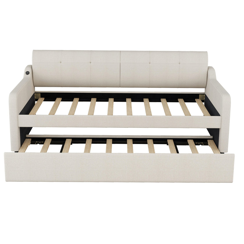 Twin Upholstered Daybed W  Trundle & USB Charging, Adjustable, Beige