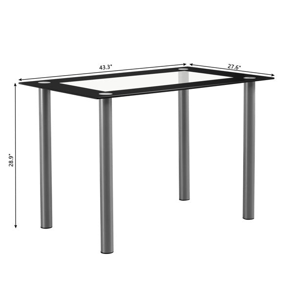 Simple Rectangular Cylindrical Leg Dining Table For 4 People Tempered Glass Stainless Steel Black Edging 110X70X75cm