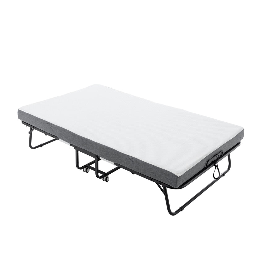 Folding Bed Cot With Mattress For Adults,  Foldable Metal Frame Bed For Guest With Memory Foam Mattress On Wheels, Saving Space Rollaway Bed