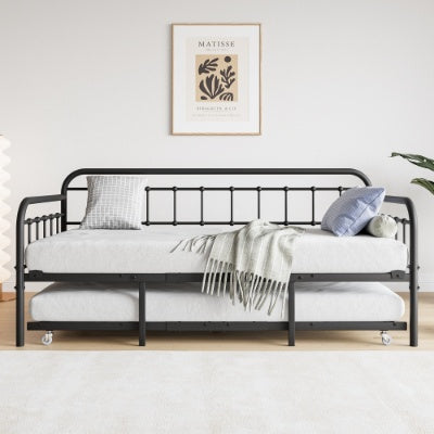 Twin Size Metal Daybed Frame With Trundle, Heavy Duty Steel Slat Support Sofa Bed Platform With Headboard, No Box Spring Needed, Black