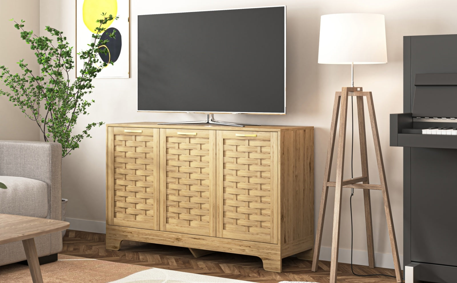 Storage Cabinet With 3 Doors, Wood Sideboard Buffet Storage With Adjustable Shelf, Anti-tip Kit Acce