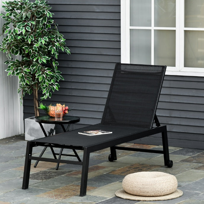 Chaise Lounge Chair Black With Wheels Adjustable Backrest Breathable For Sunbathing Patio