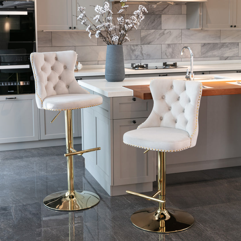 A&A Furniture,Golden Swivel Velvet Barstools Adjusatble Seat Height From 25-33 Inch