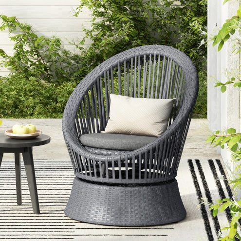26.7 Modern Gray Wicker Lounge Chair With Rattan And Iron Frame, Featuring A Stylish Round Design, Perfect For Living Room, Patio, Or Balcony Relaxation