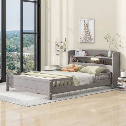 Wood Full Size Platform Bed With Built-in LED Light, Storage Headboard And Guardrail, Antique Grey