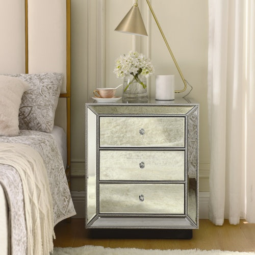 W 22X D 16  X 26.8  Silver Mirror Three Drawer Cabinet