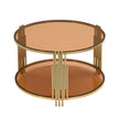 Modern Brown Glass Coffee Table, Asymmetrical Metal, Circular Metal Drum Base, Gold Finish  Lower Shelf