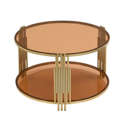 Modern Brown Glass Coffee Table, Asymmetrical Metal, Circular Metal Drum Base, Gold Finish  Lower Shelf