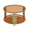 Modern Brown Glass Coffee Table, Asymmetrical Metal, Circular Metal Drum Base, Gold Finish  Lower Shelf