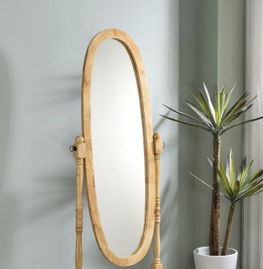 59.25  Tall Standing Wooden Floor Mirror With Natural Finish, Oval Shape