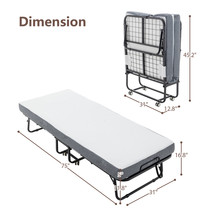 Folding Bed Cot With Mattress For Adults,  Foldable Metal Frame Bed For Guest With Memory Foam Mattress On Wheels, Saving Space Rollaway Bed