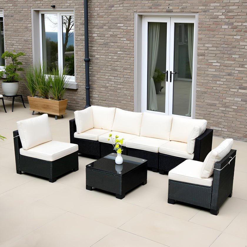 Hot Selling Seven-Piece Sofa Set Table With Sofa Chair Black PE Rattan Outdoor New Design Furniture 7-JH002 Box 3-1-2-3 With White Color Cushion