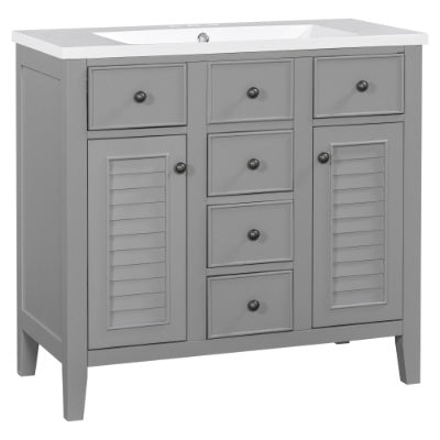 36 Bathroom Vanity With Ceramic Basin, Two Cabinets And Five Drawers, Solid Wood Frame, Grey