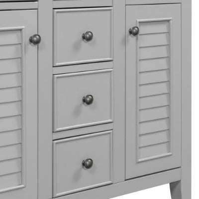 36 Bathroom Vanity With Ceramic Basin, Two Cabinets And Five Drawers, Solid Wood Frame, Grey