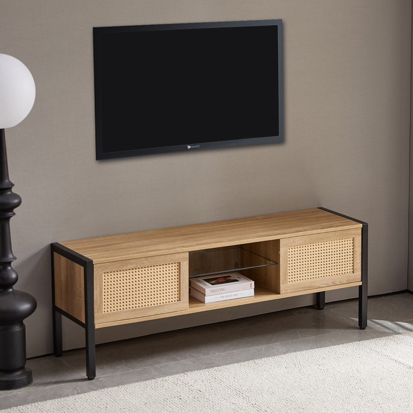 54.33  Rattan TV Cabinet With Color Light Strip   Double Sliding Doors