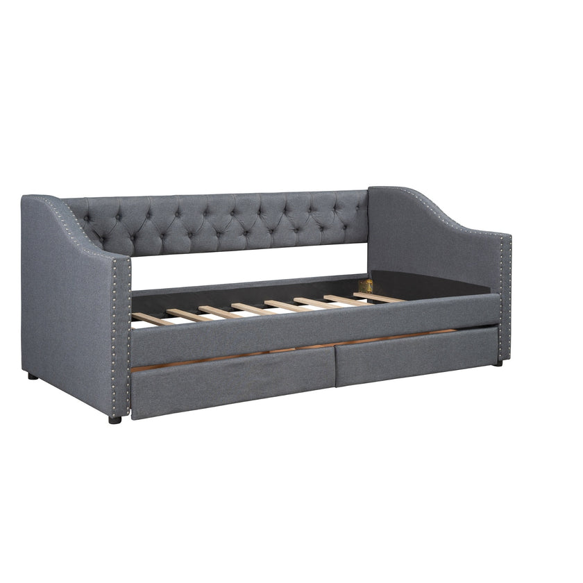 Twin Size Upholstered Daybed With 2 Drawers, Wood Slat Support, Gray