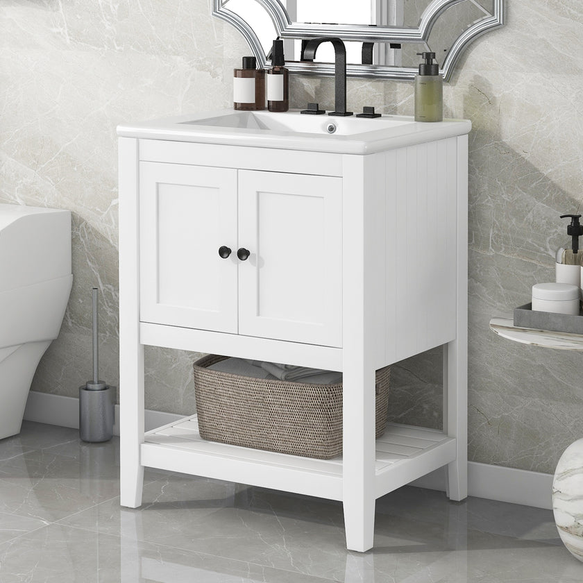 24 White Modern Sleek Bathroom Vanity Elegant Ceramic Sink With Solid Wood Frame Open Style Shelf