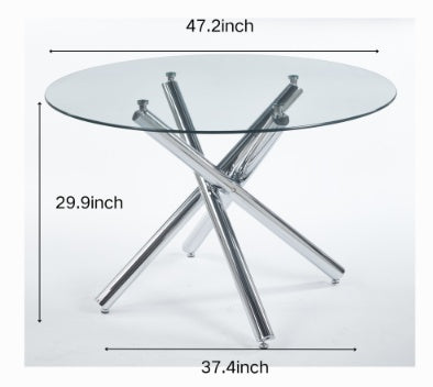 Chrome Dining Table With Metal Leg And Glass,Modern Space Saving Kitchen Table For Living Room,120X120X75CM
