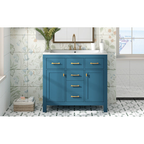 36'' Bathroon Vanity With Resin Sink Combo Set,Modern Freestanding Single Bathroom Cabinet With 4 Drawers & 2 Cabinets,Storage Cabinet For Bathroom, Solid Wood Frame Vanity Set