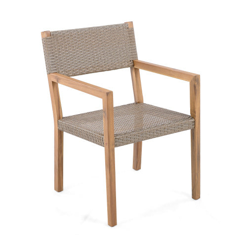 Outdoor Dining Chairs Set Of 2, Light Teak Acacia Wood Frame And Multi Light Brown PE Wicker, Ideal For Patios, Gardens