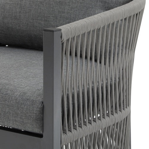 Modern Gray Curved Aluminum Lounge Chair With Stylish Rope-Weave Design And Cushioned Comfort, Perfect For Outdoor Living