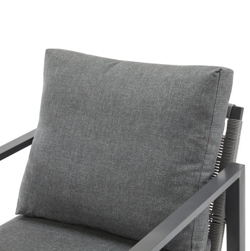 Gray Aluminum Lounge Chair With Sleek Rope Accents And Comfortable Cushions, Perfect For Modern Outdoor And Indoor Spaces