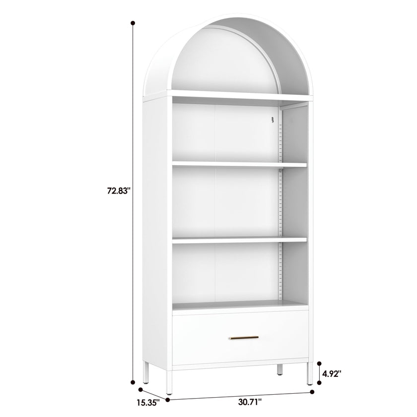 72.83inch H Metal Arched Bookshelf Cabinets,Arch Bookshelf With Drawer For Home Office, Assemble Require, White