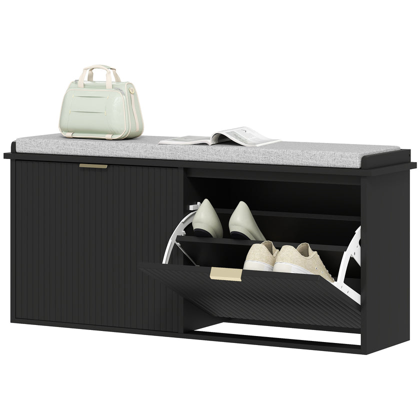 Shoe Storage Bench With Padded Seat Cushion And Flip-Drawer, Entryway Bench, Shoe Cabinet, 40.9x10.2x18.7 Inches, Black