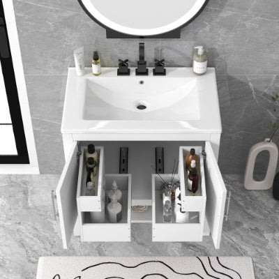 30 Bathroom Vanity With Sink, Multi-functional Bathroom Cabinet With Doors And Drawers, Solid Frame And MDF Board, White