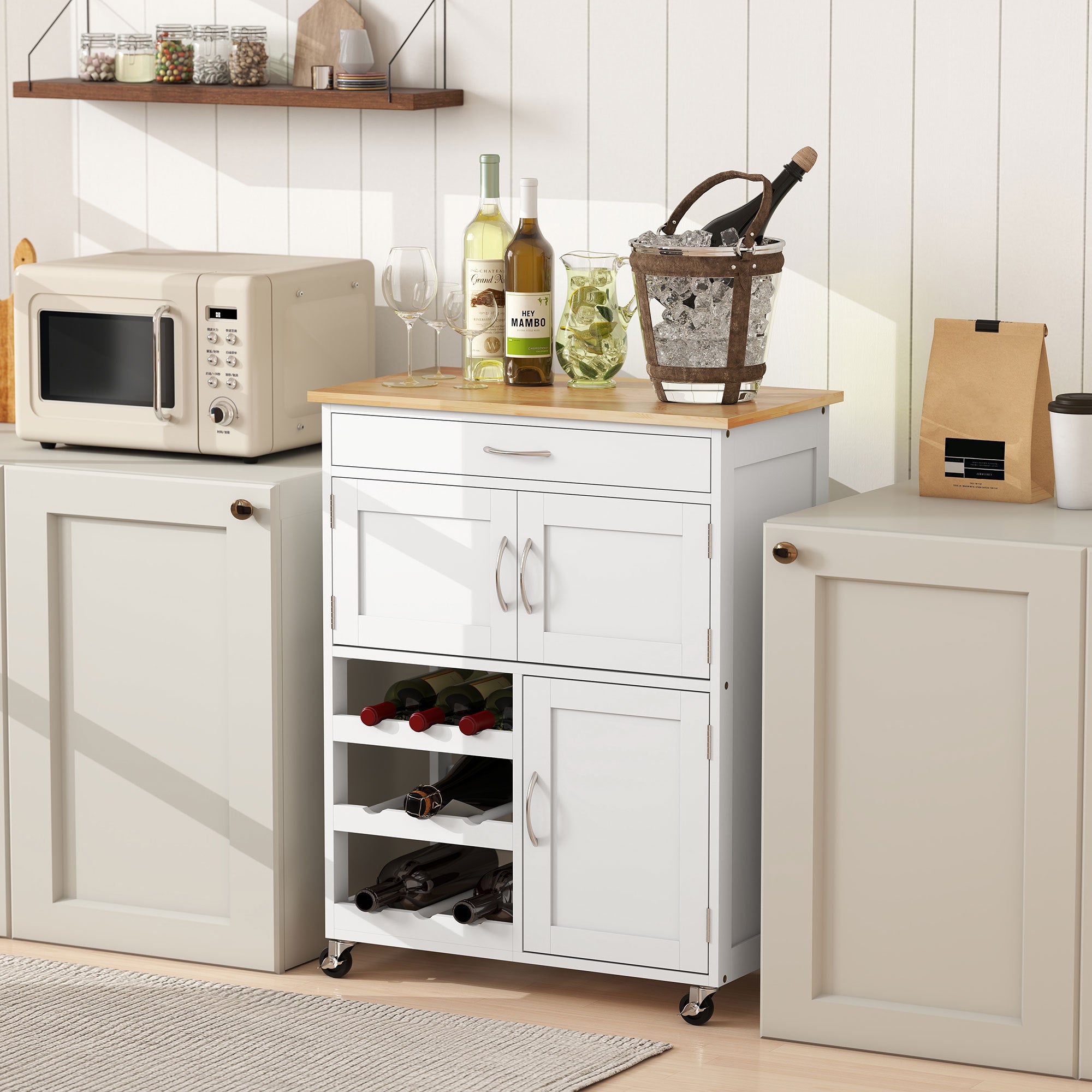 Rolling Kitchen Cart, White, Island With Storage Drawer, 9-Bottle Wine Rack, Door Cabinets, Wooden Countertop