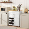 Rolling Kitchen Cart, White, Island With Storage Drawer, 9-Bottle Wine Rack, Door Cabinets, Wooden Countertop