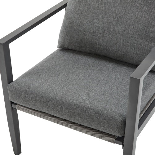 Gray Aluminum Lounge Chair With Sleek Rope Accents And Comfortable Cushions, Perfect For Modern Outdoor And Indoor Spaces