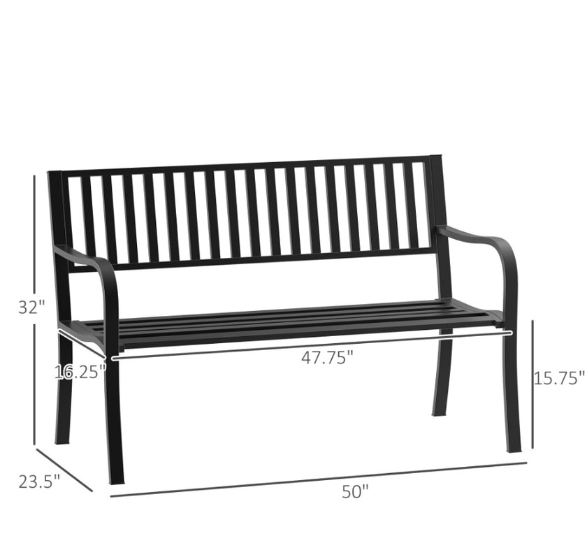 50ft Outdoor Bench Seat, Patio Bench With Slatted Seat, Metal Porch Bench, With 2 Person Design, For Poolside, Lawn, Black