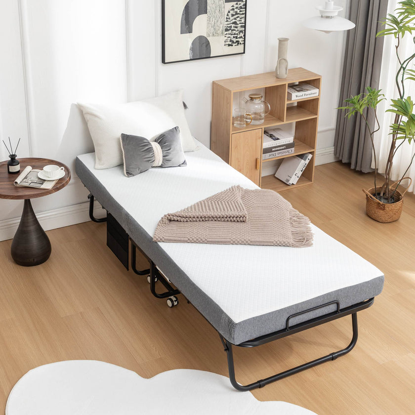 Folding Bed Cot With Mattress For Adults,  Foldable Metal Frame Bed For Guest With Memory Foam Mattress On Wheels, Saving Space Rollaway Bed