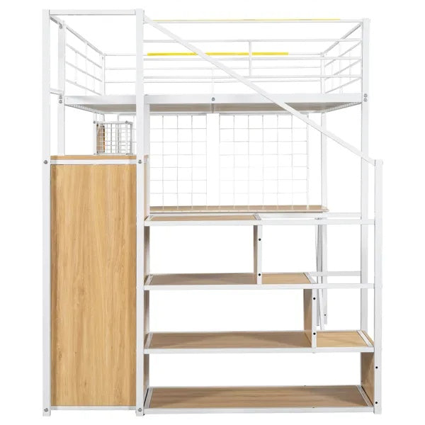 Full Size Metal Loft Bed With Built-in Work Station, Wardrobe, Storage Staircase And LED, White