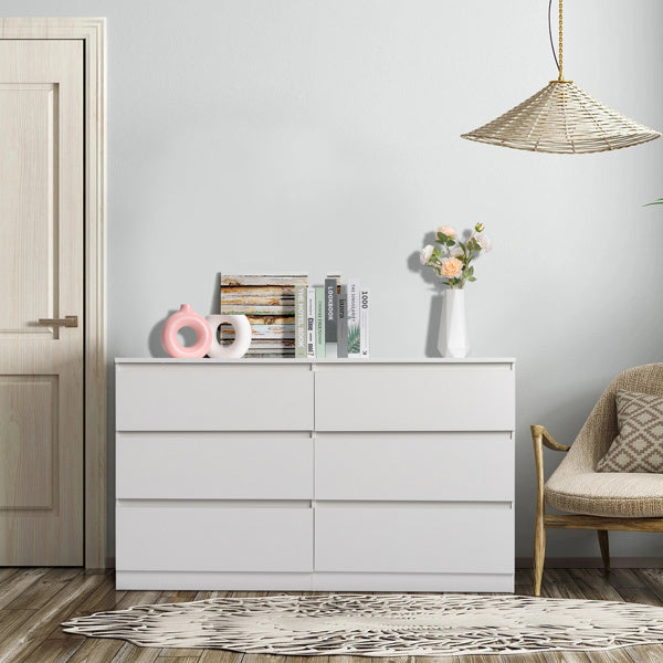 6 Drawer Double Dresser For Bedroom, Wide Storage Cabinet For Living Room Home Entryway, White