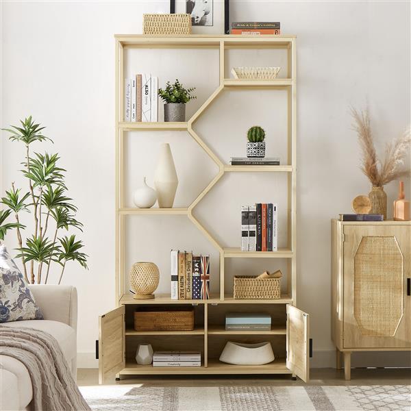 Bookshelves In Rattan, 7-tier Bookcase Storage Shelves For Living Room, Home Office, Natural Color