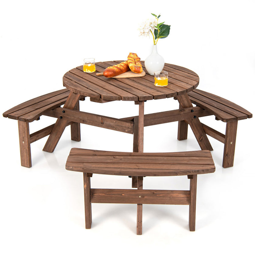 6 Person Wooden Picnic Table Set With Bench And Umbrella Hold