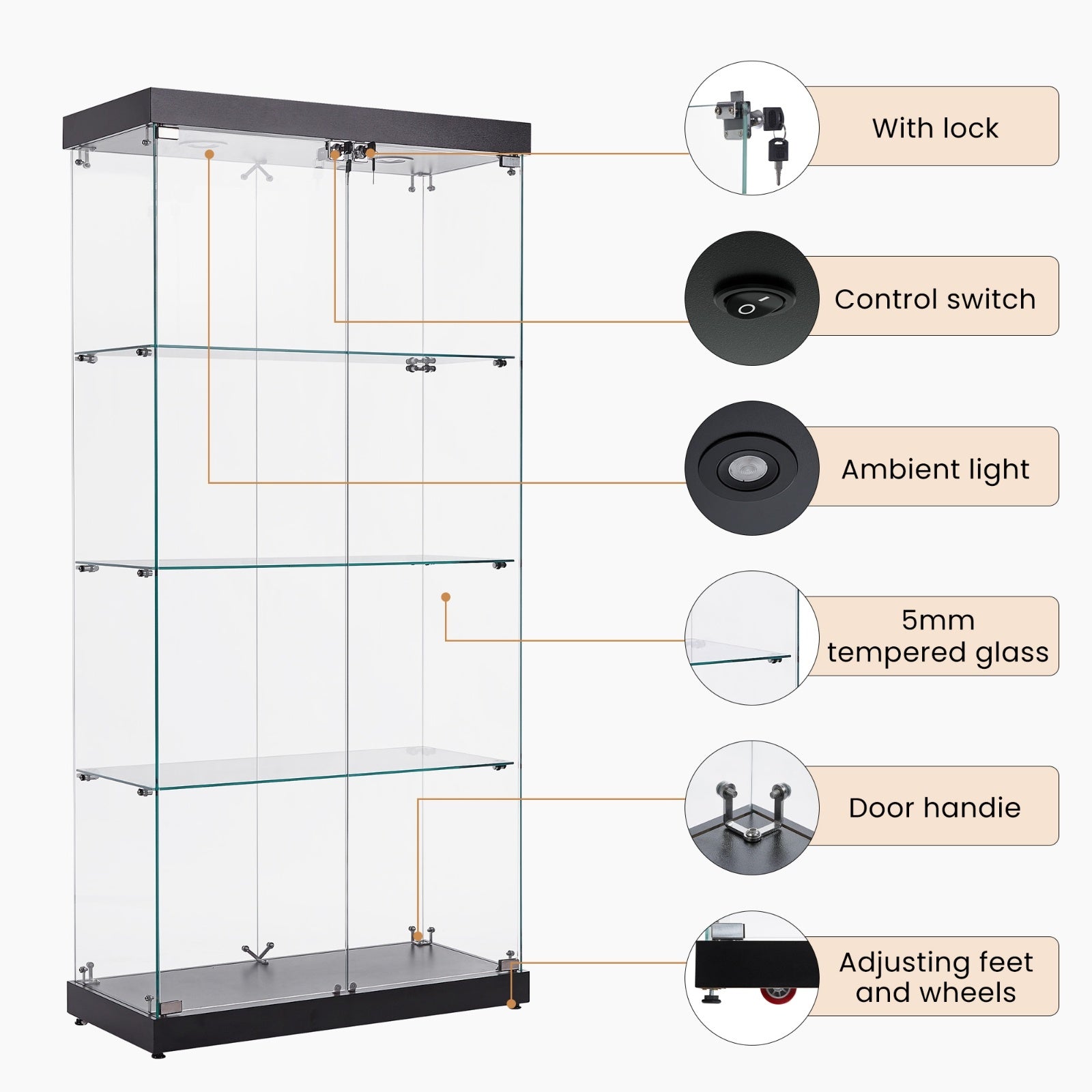 4-Tier Glass Display Cabinet, Double Door Glass Cabinet, Four Partitions, Two Locks, Floor Standing