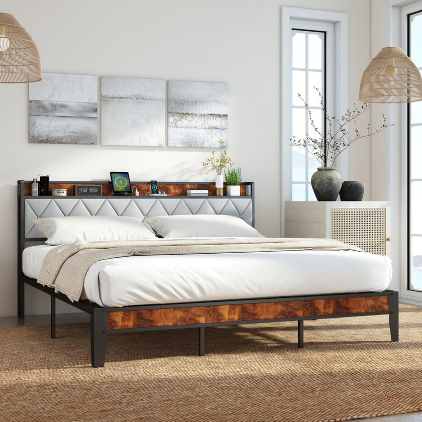 Soft-padded Headboard With Storage, Charging Port, Iron Frame Bed
