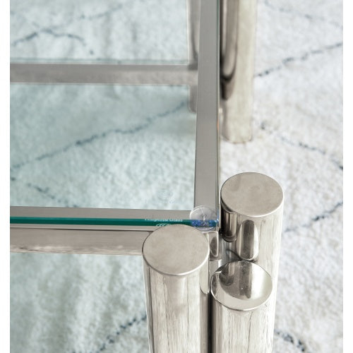 50 Wide Rectangle Modern Stainless Steel Coffee Table, Double-Layer Clear Tempered Glass Coffee Table, Center Table With Storage, For Living Room Home Office, Easy Assembly, Silver