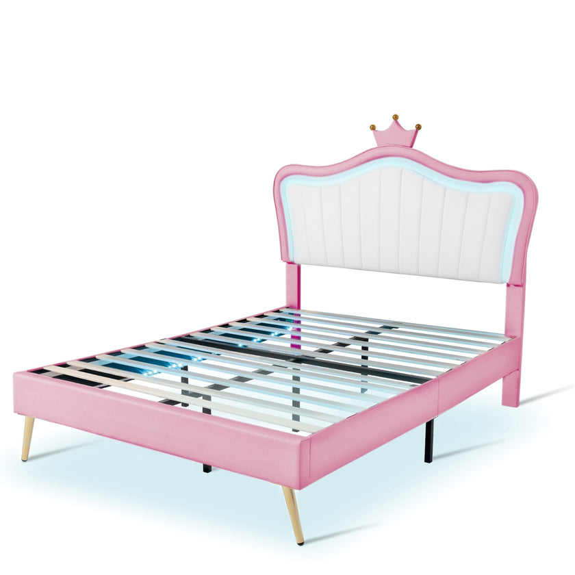 Full Size Upholstered Bed Frame With LED Lights & Crown Headboard