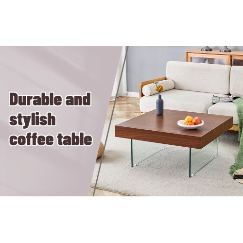 Walnut Colored Square MDF Coffee Table  31.5x31.5 With Tempered Glass Legs.Density Board Sticker,Reinforced Glass Legs.Walnut Colored Texture Sticker