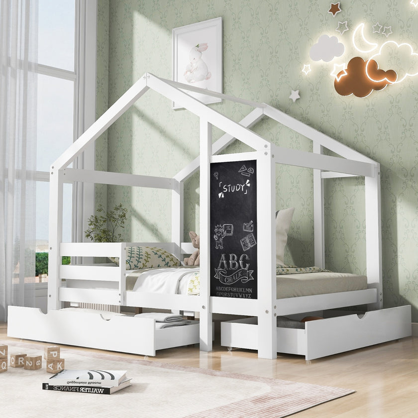 Twin House Bed With Blackboard And Drawers, Two Assembly Options, White