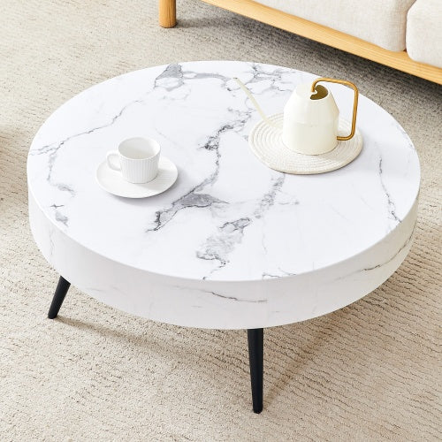 31.5 White Marble-Patterned MDF Round Coffee Table With Black Metal Legs.Adjustable Feet,Coffee Table,Round Table Design,MDF Material,White Marble Pattern